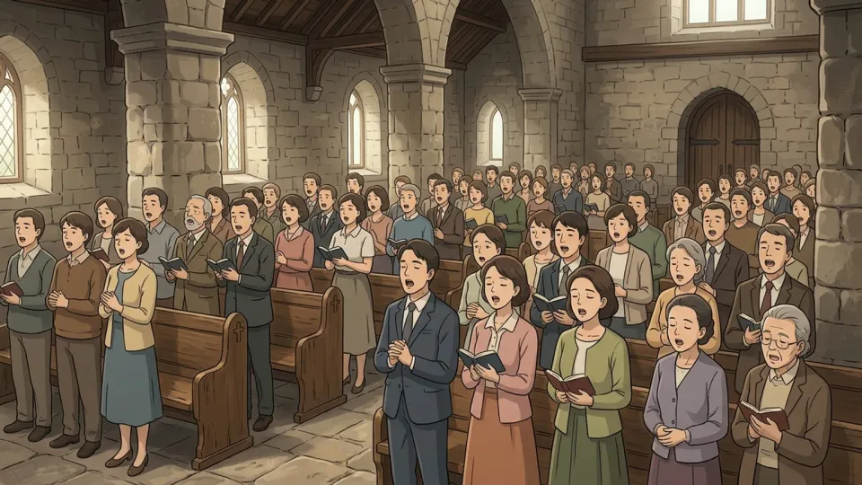 教会の中で讃美歌を歌う人々の一団