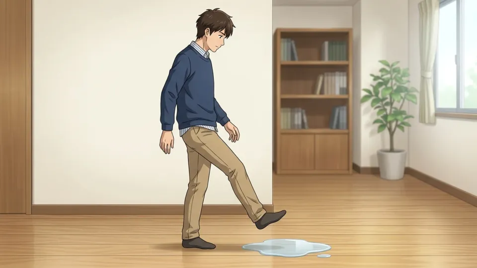 部屋の変化に気づいて周囲を見回す男性のイラスト