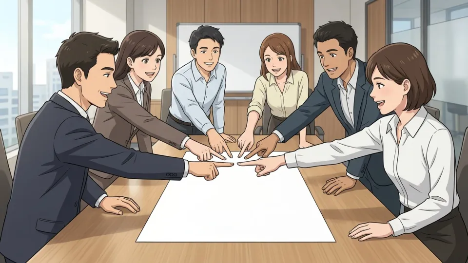 会議室で全員がうなずき合い、合意に達した様子