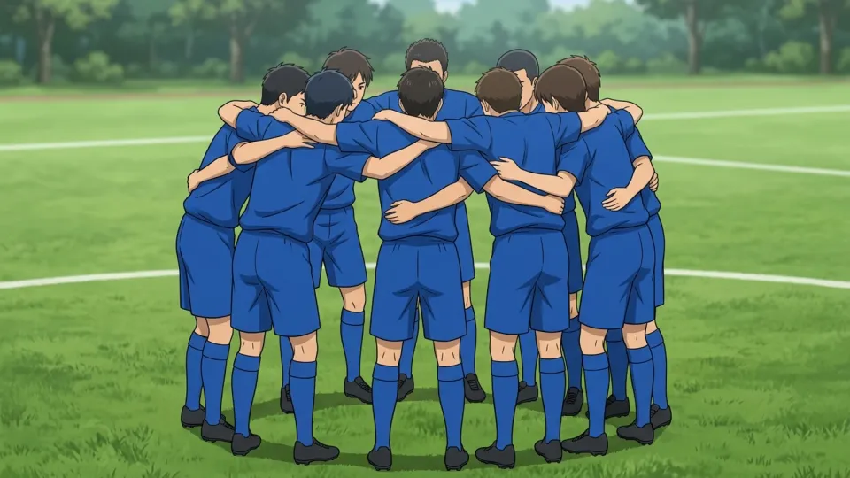 フィールド上で7人の選手が1つのチームを形作っている場面