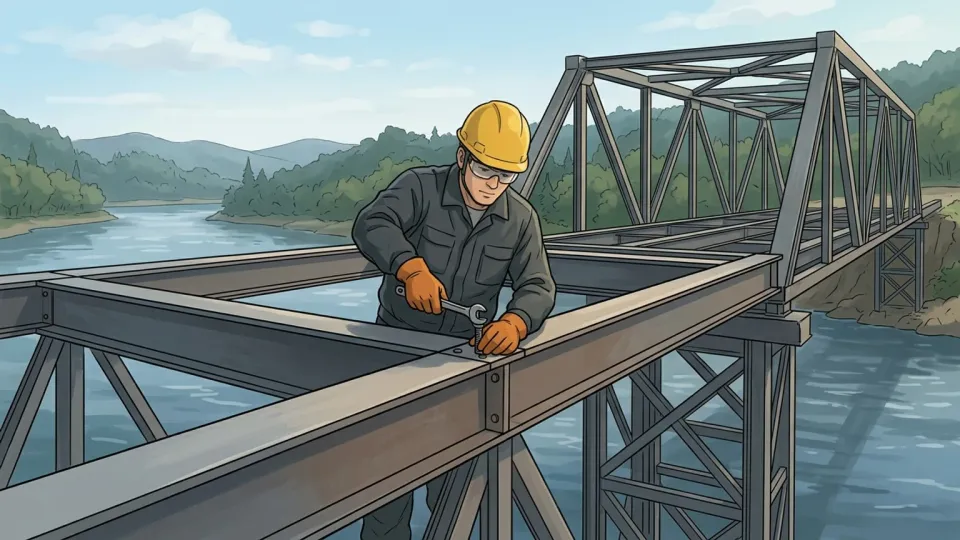 川の上に新しい橋の鉄骨を組み立てる建設作業員のイラスト