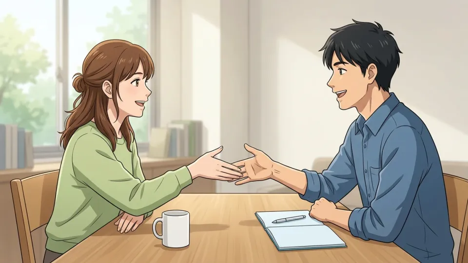 テーブルを囲み前向きに話し合う二人