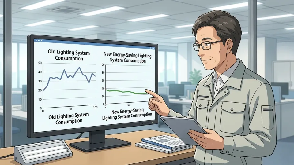 省エネ照明による電力消費量の低下を確認する設備担当者