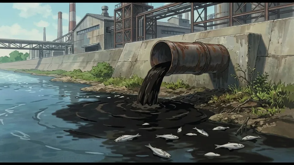 工場からの排水で汚染された川のイラスト