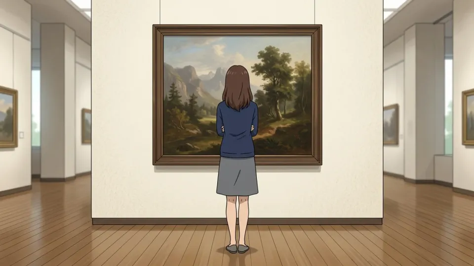 美術館で絵画の前に立ち、腕を組んで深く考え込んでいる女性の様子