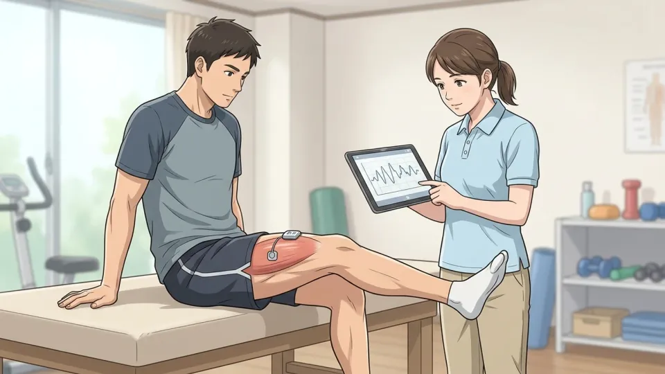 患者の脚の筋肉の収縮を記録するセンサー