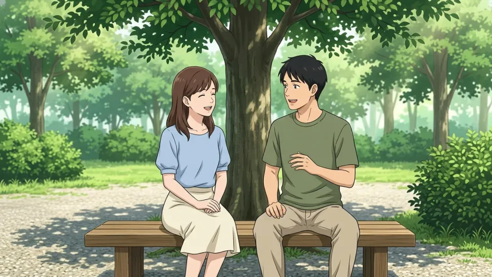 公園で楽しそうに会話をする男女
