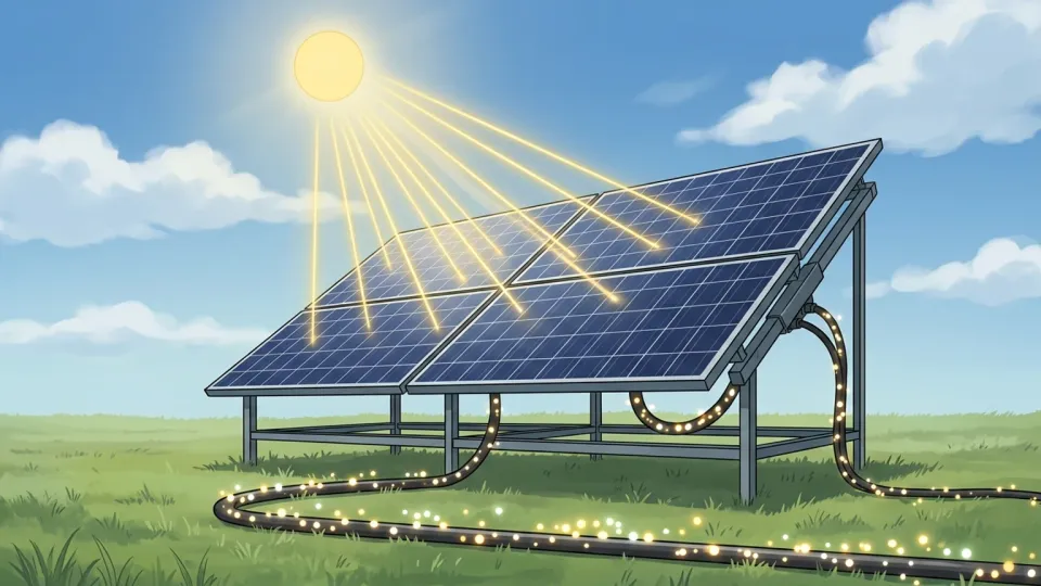 太陽光パネルに光が当たり、電力を生み出している場面