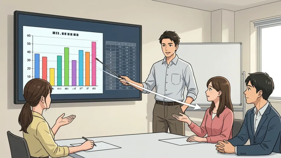 調査結果を明確に伝えるグラフを説明するプレゼンター