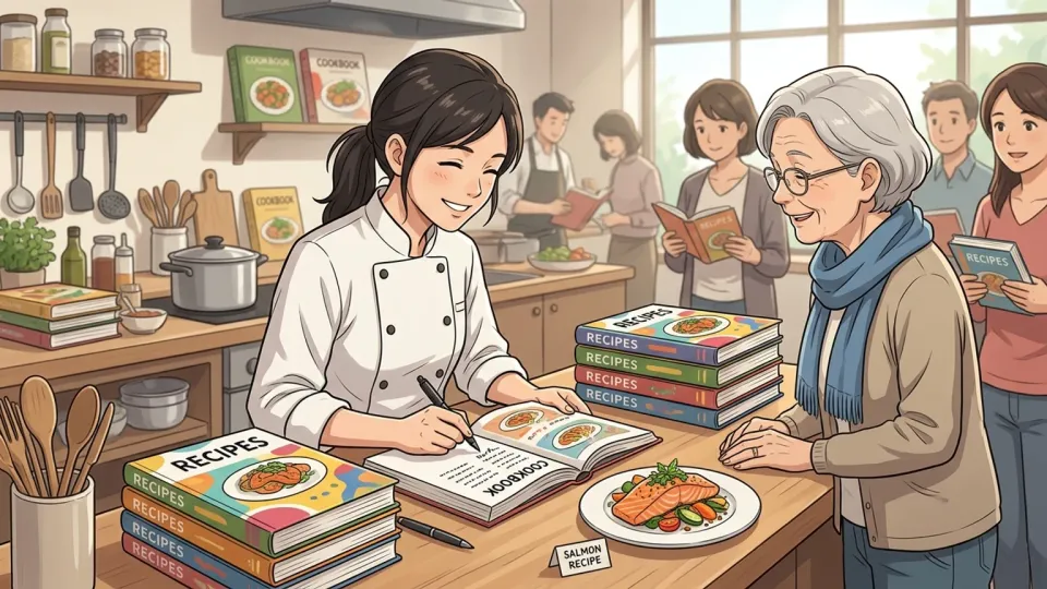 料理実演後に新しい料理本へサインするシェフ