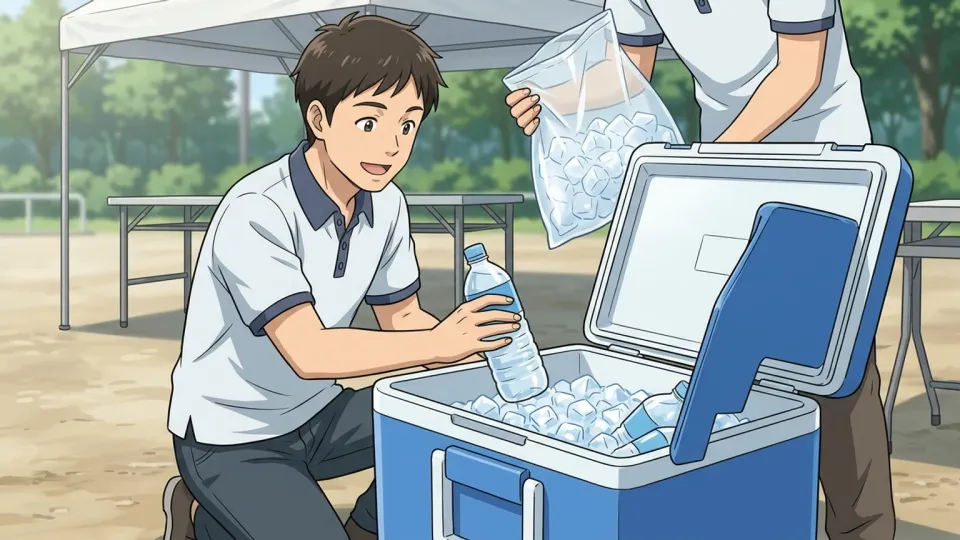 屋外イベント用の水をクーラーボックスに詰めるスタッフ