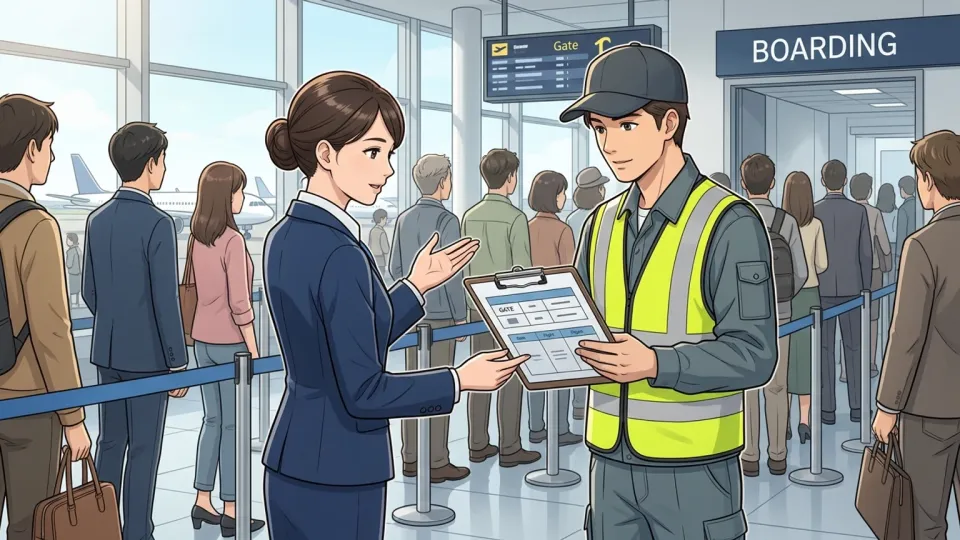 空港の搭乗口で航空会社の係員と空港職員が協力して遅延を減らしている