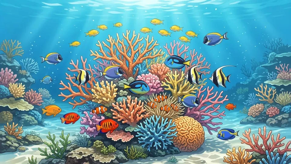 海中のサンゴの周りを泳ぐ魚たち