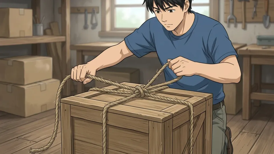 箱をひもで縛る男性