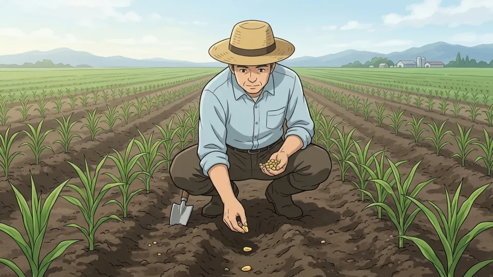 畑にとうもろこしを植える農夫。