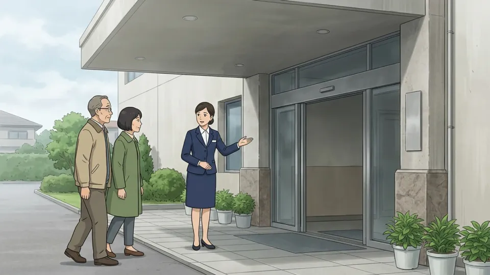 制服を着た職員が施設へ案内している様子