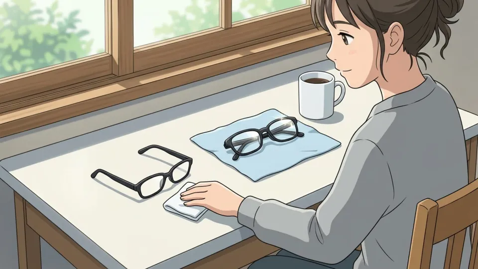 机の上に置かれた矯正用のメガネ。