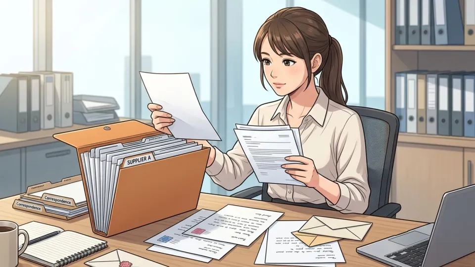 オフィスで担当者が仕入先から届いた手紙と印刷メールを一つのフォルダーに整理している様子