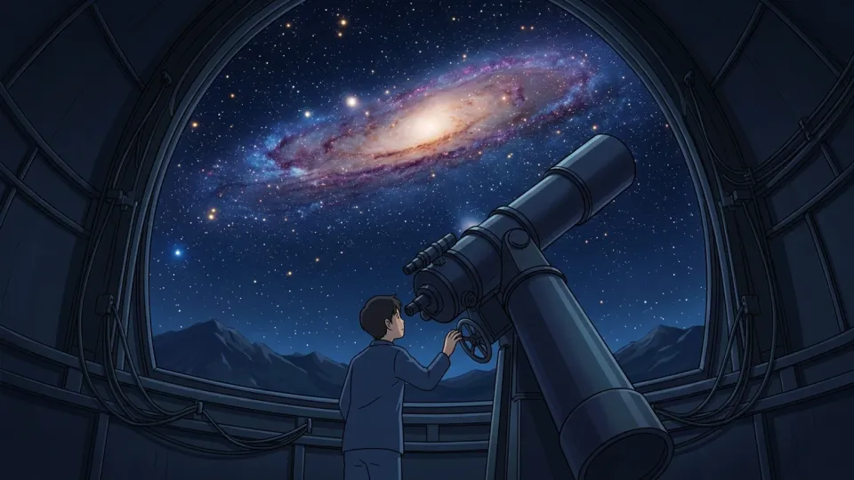 巨大な銀河と星々が広がる夜空を見る天文台の様子
