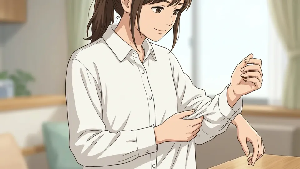 女性が柔らかい綿のシャツを着ている様子