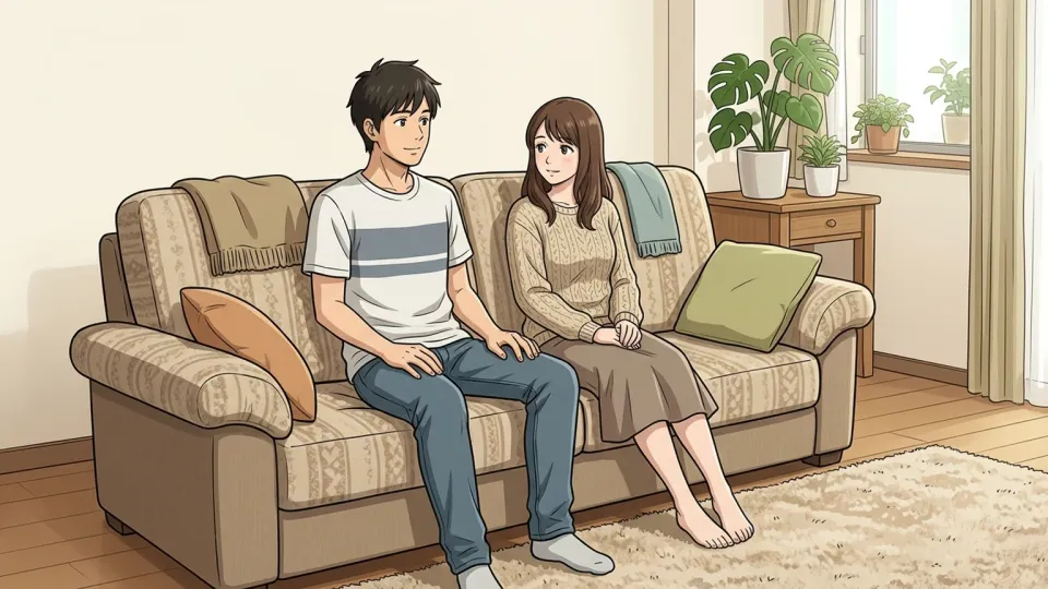 リビングのソファーでくつろぐ二人