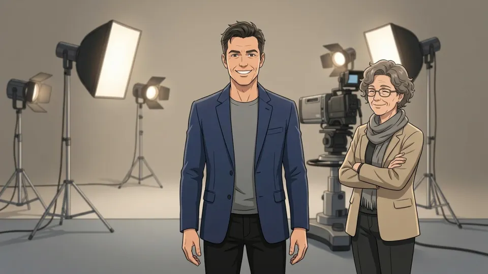 CM撮影現場で有名な俳優と契約を結び喜ぶスタッフ。