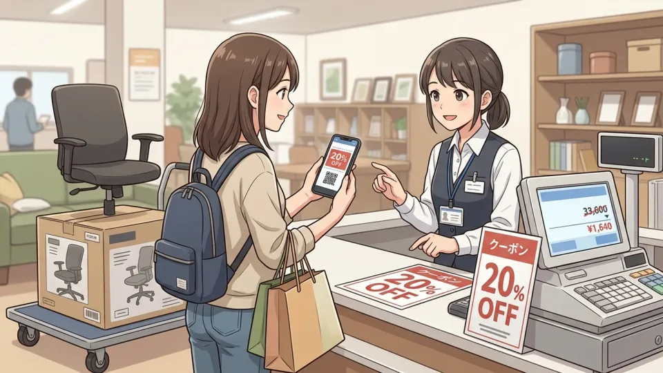 客がデジタルクーポンを使って事務椅子を20%引きで購入している様子