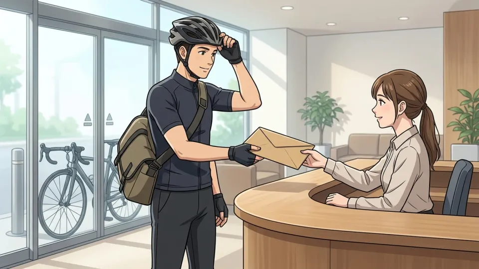 受付で契約書を手渡す自転車便の配達員