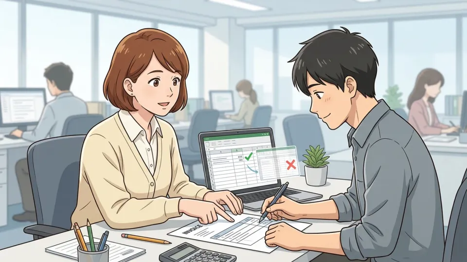 オフィスで経理部の同僚が、請求書を画面に表示しながら別の社員と誤記を確認している様子