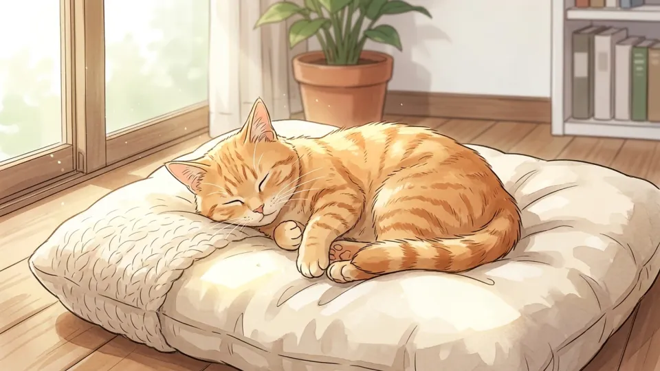 クッションの上で丸まって眠る猫