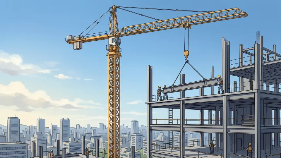 タワークレーンが鉄骨を建物の10階へ吊り上げる場面