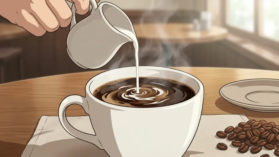 コーヒーにクリームを注ぐ様子。