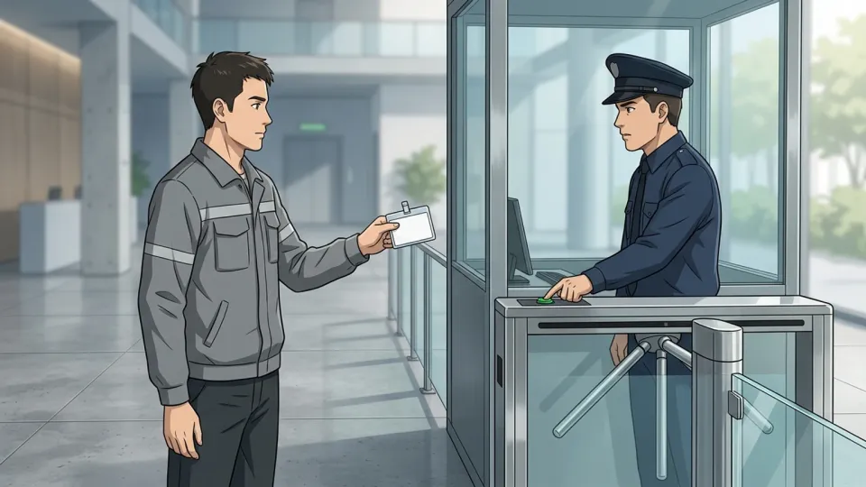 施設入口で技術者が資格証を提示し、警備員が本人と専門資格を確認してから通す場面