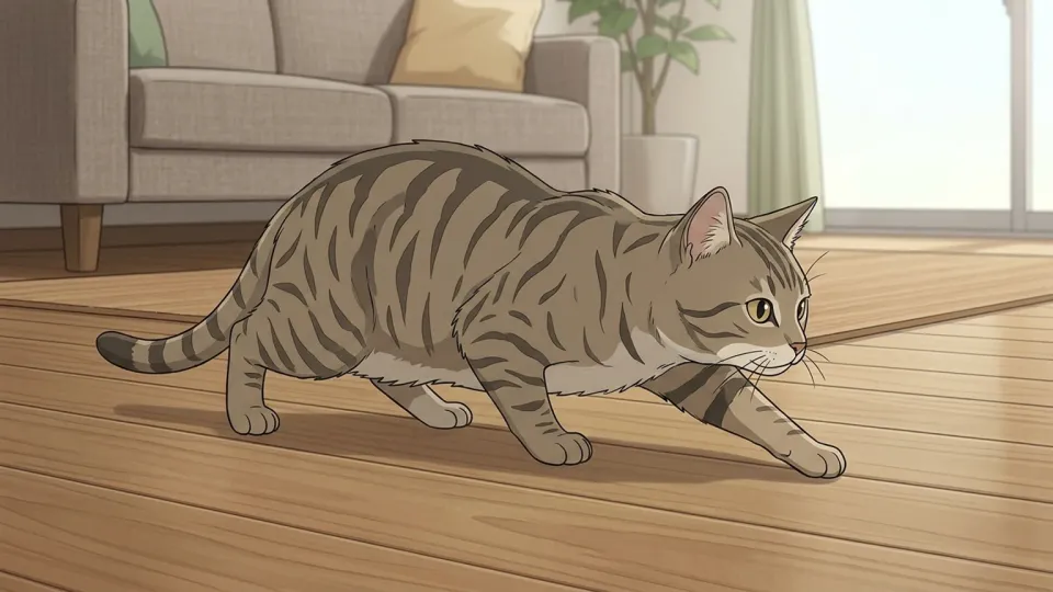 床を低く構えて進む猫のイラスト