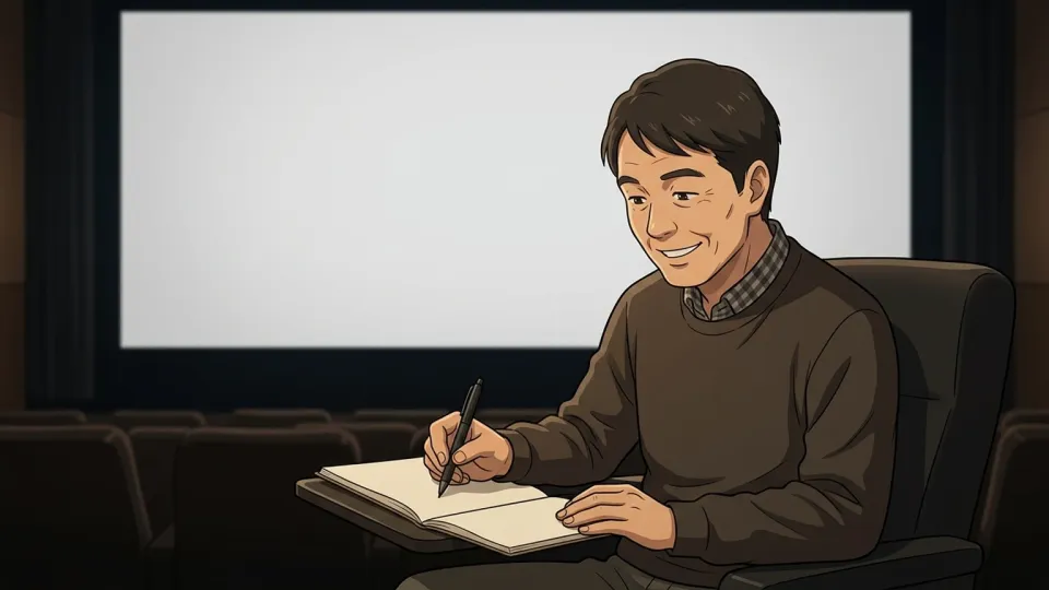 映画のポスターの前でメモを取る映画評論家。