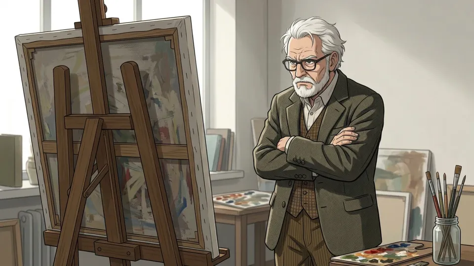 絵画を厳しく見つめる教授