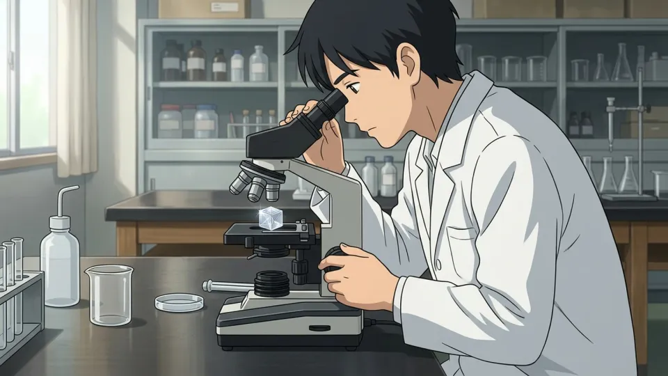 顕微鏡で塩の結晶を観察する科学者。