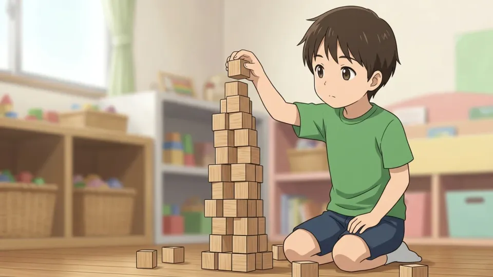 木製の立方体ブロックを積み上げて遊ぶ様子