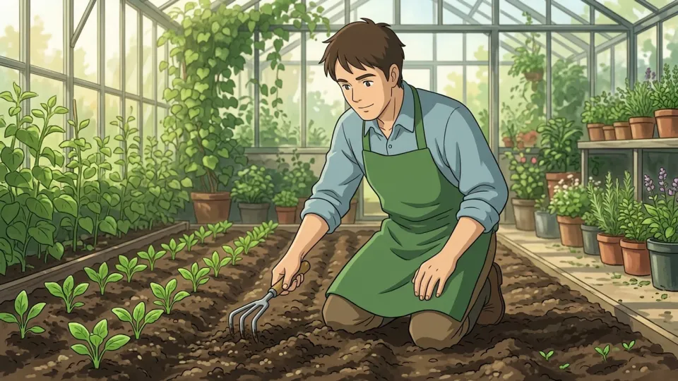温室で野菜を育てる庭師