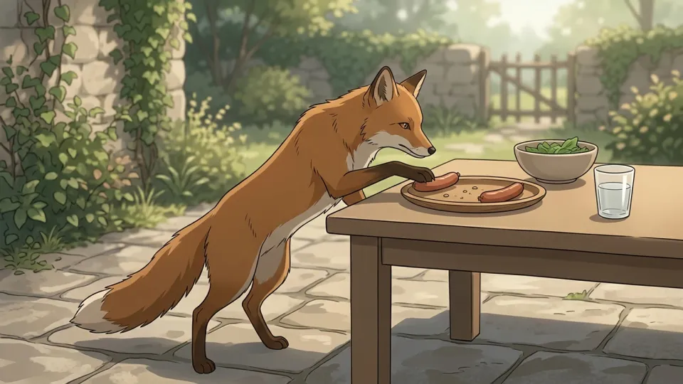 食べ物をくわえて逃げるキツネ