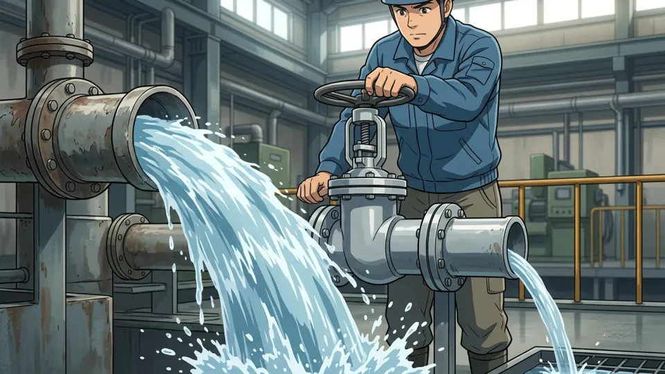大量に流れていた工場の水が新しい調整弁によって少ない流量へ抑えられる場面