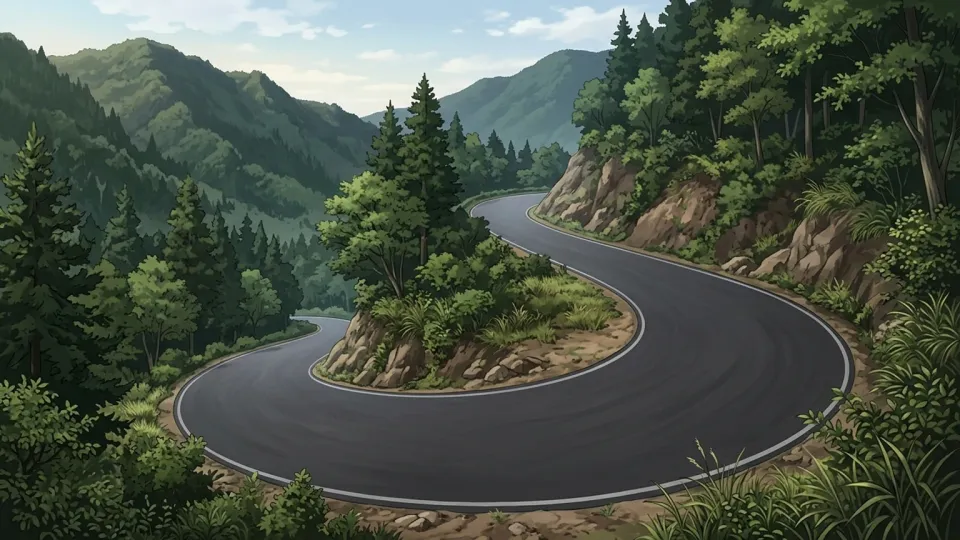 左に急カーブがある道路の風景