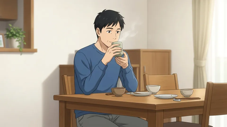 昼食後に緑茶を飲む男性