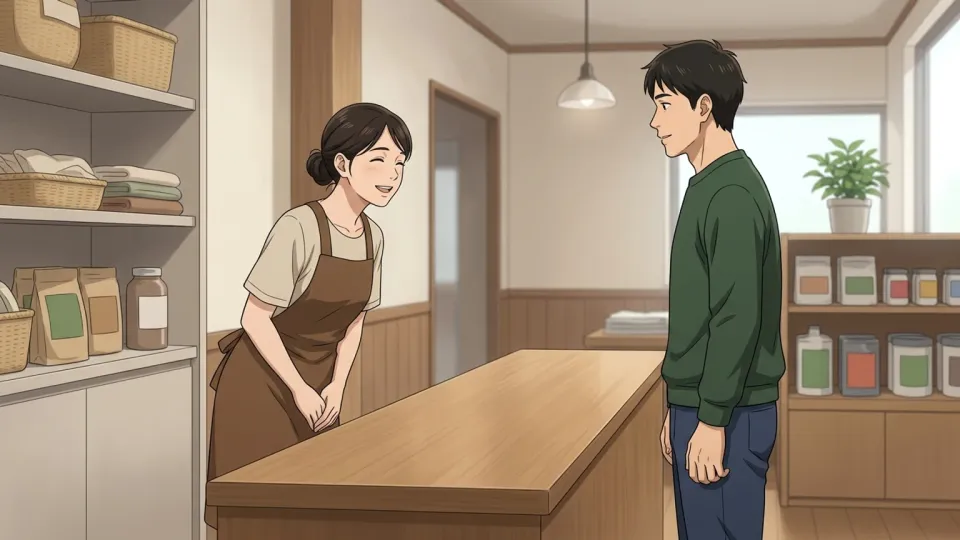 店員が客に挨拶をする様子。