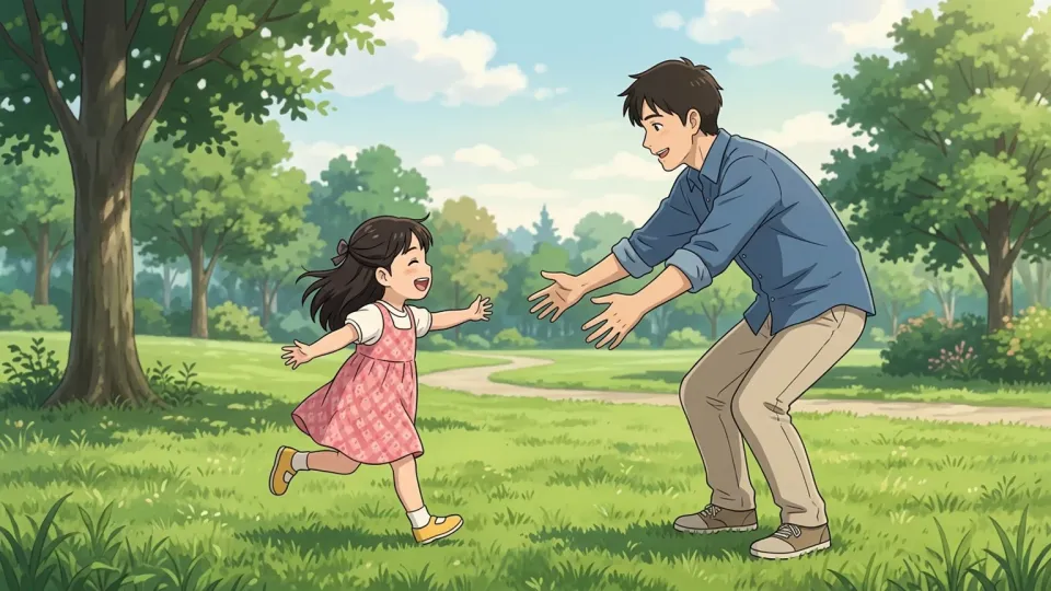 笑顔で父親に駆け寄る女の子。