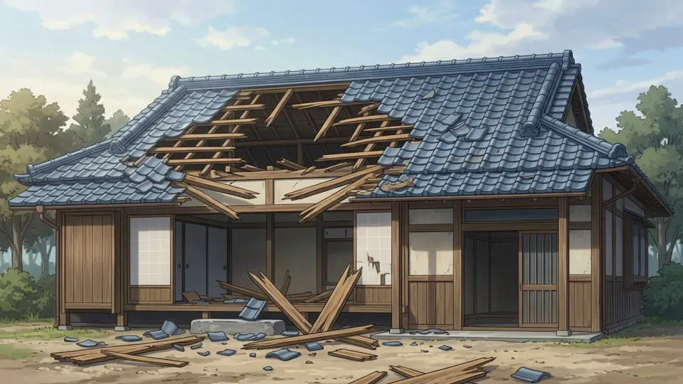 嵐で屋根が壊れた住宅