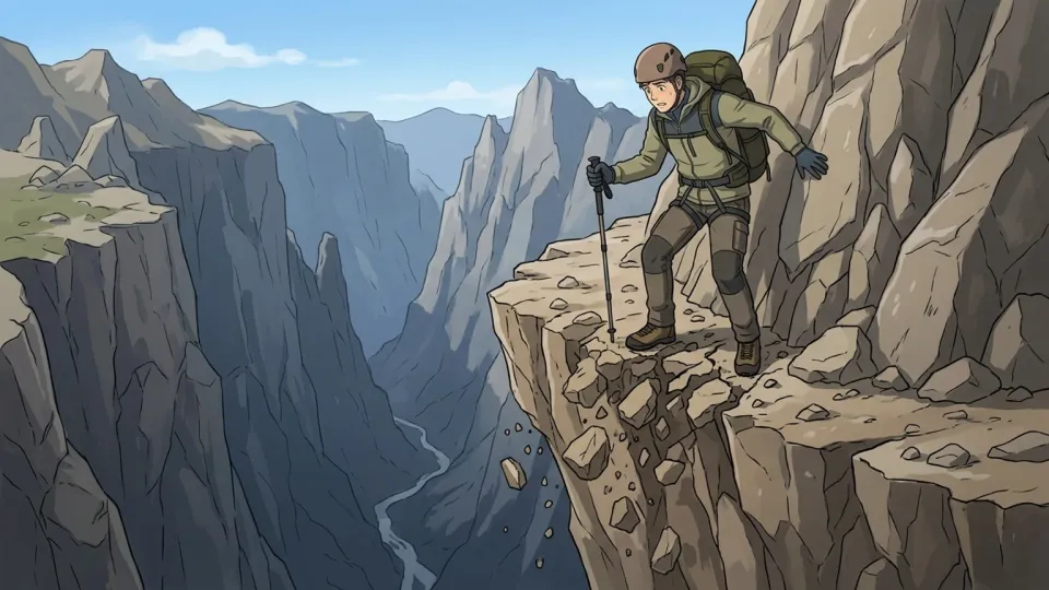 危険な崖の縁に立つ登山者