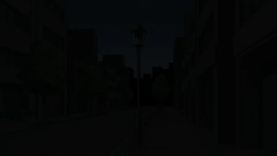 街灯が消えて真っ暗になった街の風景。