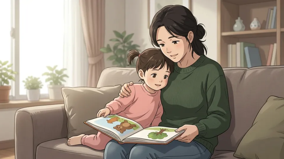 母親が幼い娘に本を読み聞かせている。