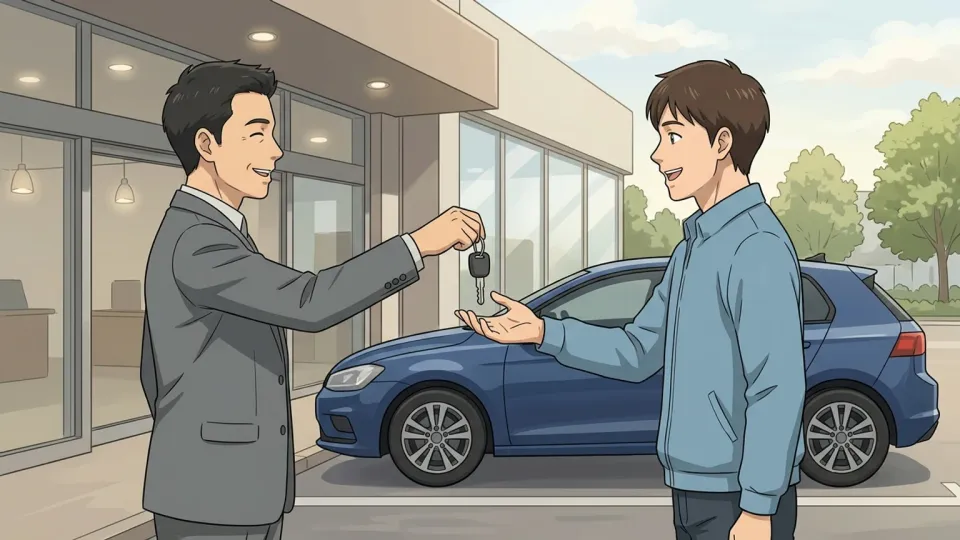 ディーラーから車を購入して鍵を受け取る客